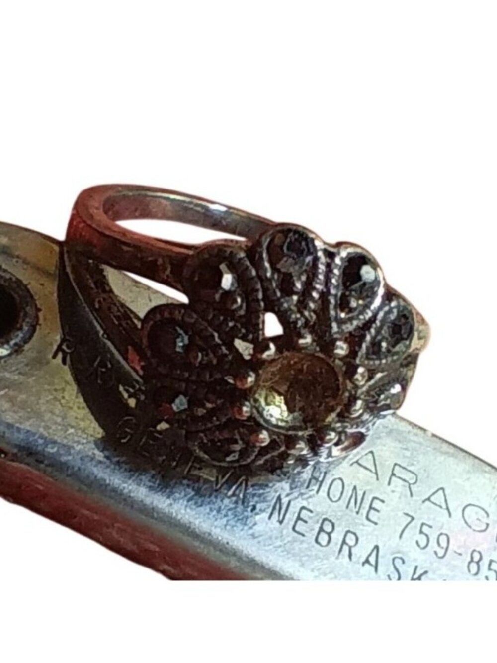 sz 8 Vintage Costume Ring sz 8 Silver-Tone Filigree Rhinestone 1970's Glam Goth